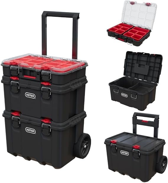 Keter Stack-n-Roll Modular Tools Organizer for Garage Storage and DIY, 3 Piece Resin Rolling Tool Box System for Small Parts, Black - Image 1