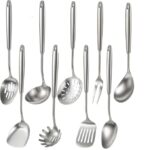 Newness 9 Pcs Cooking Utensils Set, 304 Stainless Steel Kitchen Utensils Set, Metal Kitchen Accessories, Include Soup Ladle, Slotted Skimmer Spoon, Spaghetti Spoon and Spatula, Dishwasher Safe