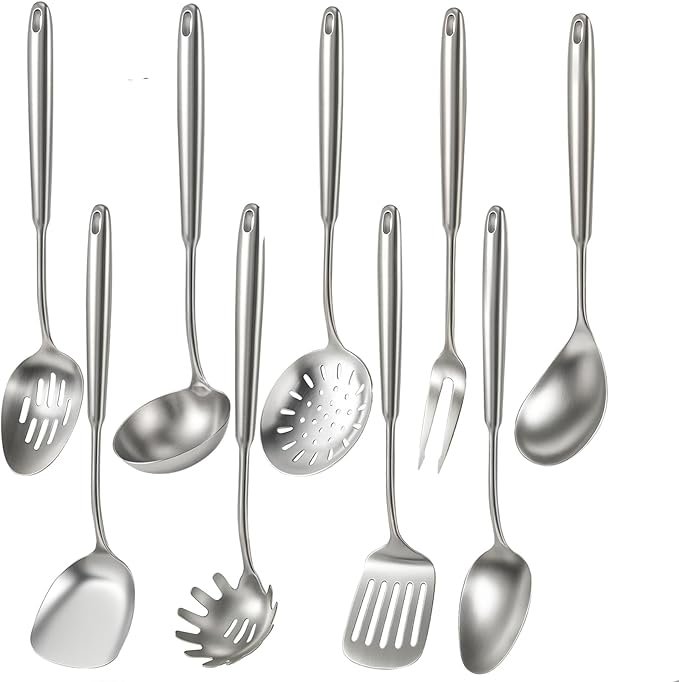 Newness 9 Pcs Cooking Utensils Set, 304 Stainless Steel Kitchen Utensils Set, Metal Kitchen Accessories, Include Soup Ladle, Slotted Skimmer Spoon, Spaghetti Spoon and Spatula, Dishwasher Safe - Image 1
