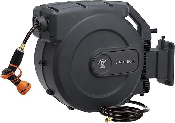 Giraffe Tools Retractable Garden Hose Reel 1/2 Inch x 155 with 5 ft Leader Hose, Heavy Duty, Any Length Lock, Slow Return System, Wall Mounted and 180 Deg Swivel Bracket - Image 1