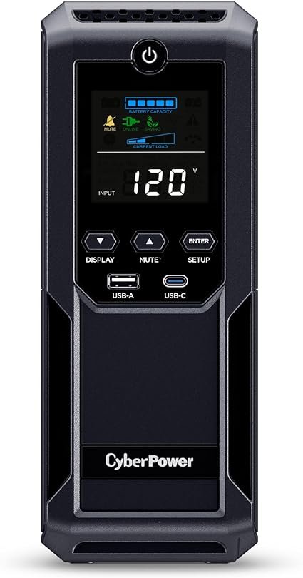 CyberPower CP1500AVRLCD3 Intelligent LCD UPS System, 1500VA/900W, 12 Outlets, 2 USB Ports, AVR, Mini Tower, Black - Image 1