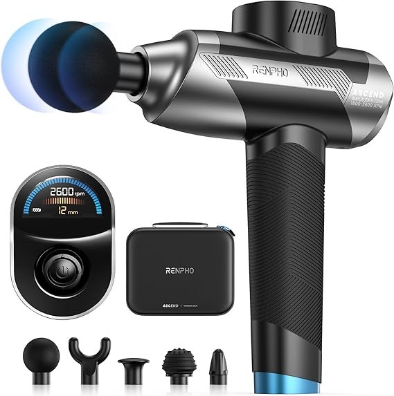 RENPHO Ascend Professional Massage Gun, Mothers Day Gifts, FSA Eligible HSA, Adjustable 6-12mm Amplitude for Customized Intensity, Deep Tissue Percussion Massager with 5 Speeds, 5 Attachments - Image 1