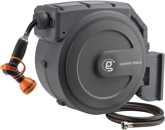 Giraffe Tools Retractable Garden Hose Reel 1/2 Inch x 130 ft, Super Heavy Duty, Any Length Lock, Slow Return System, Wall Mounted and 180 Deg Swivel Bracket - Image 1