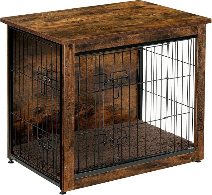 DWANTON Dog Crate Furniture with Cushion, Wooden Kennel Table with Double Doors, Indoor Dog House, Small/Medium/Large/Extra Large Size, 27.2″ L, Rustic Brown - Image 1