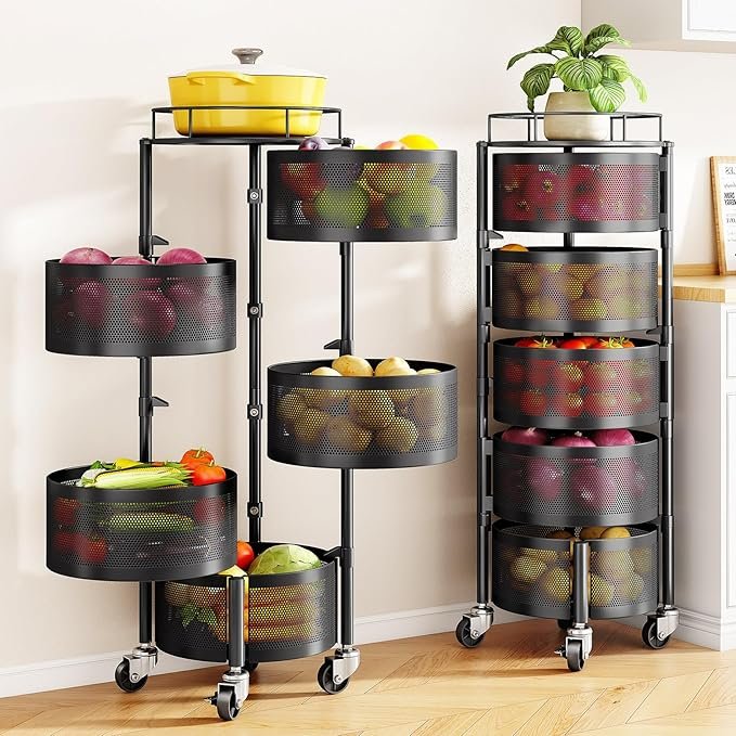 SNTD Fruit and Vegetable Basket Bowls for Kitchen with Metal Top Lid, 5 Tier Rotating Storage Rack Cart for Potato Onion Bread Banana, Wire Basket Organizer on Wheels, Large, Black - Image 1