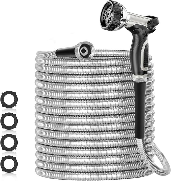 SPECILITE 200ft 304 Stainless Steel Garden Hose Metal, Heavy Duty Water Pipe with Nozzles for Yard, Outdoor – Flexible, Never Kink & Tangle, Puncture Resistant (Sliver) - Image 1
