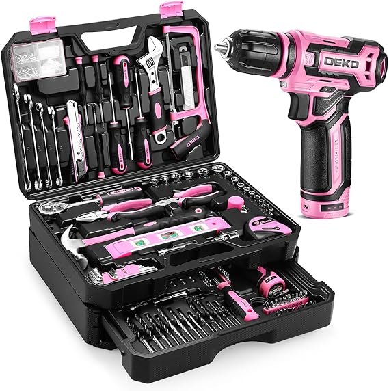 Pink Tool Kit Box Drill Set:DEKOPRO Home Mechanic Toolbox with 12V Power Cordless Drill Hand Repair Tools Sets Combo Kits Storage Organizer Drawer Case for Men & Women - Image 1