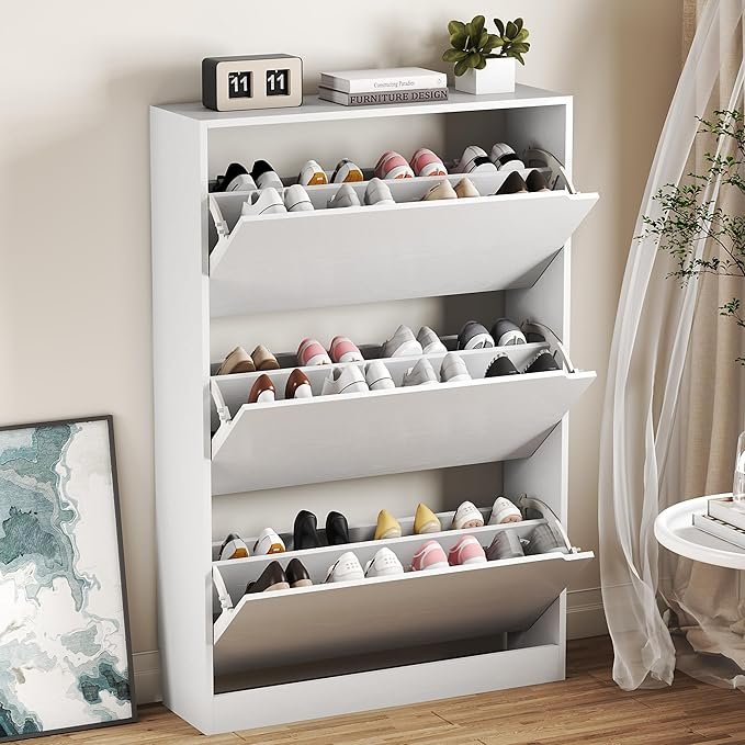 BORNOON Shoe Cabinet with 3 Flip Drawers, Hidden Wood Shoe Cabinet,Freestanding Shoe Storage Cabinet for Entryway Hallway.White. 47.2″ H*31.5″ W*9.45″ D. - Image 1
