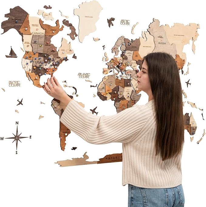 Enjoy The Wood 3D Wooden World Map Wall Art – Large Travel Map with Pins for Art Decor – Decorative Map of the World for Home, Office – Travel Wall Art Housewarming Gift Idea (Multicolor, M, Unframed) - Image 1