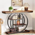 Tribesigns 41.3″ Console Table, Industrial 4-Tier Sofa Table Entryway Table with Circle Base, Narrow Wood Accent Tables with Storage Shelves for Living Room, Hallway, Foyer, Rustic Brown
