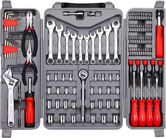 CARTMAN 205 Piece Ratchet Wrench Tool Set 1/4″ & 3/8″ & 1/2″ Drive with SAE/Metric Sockets Kit in Plastic Toolbox - Image 1