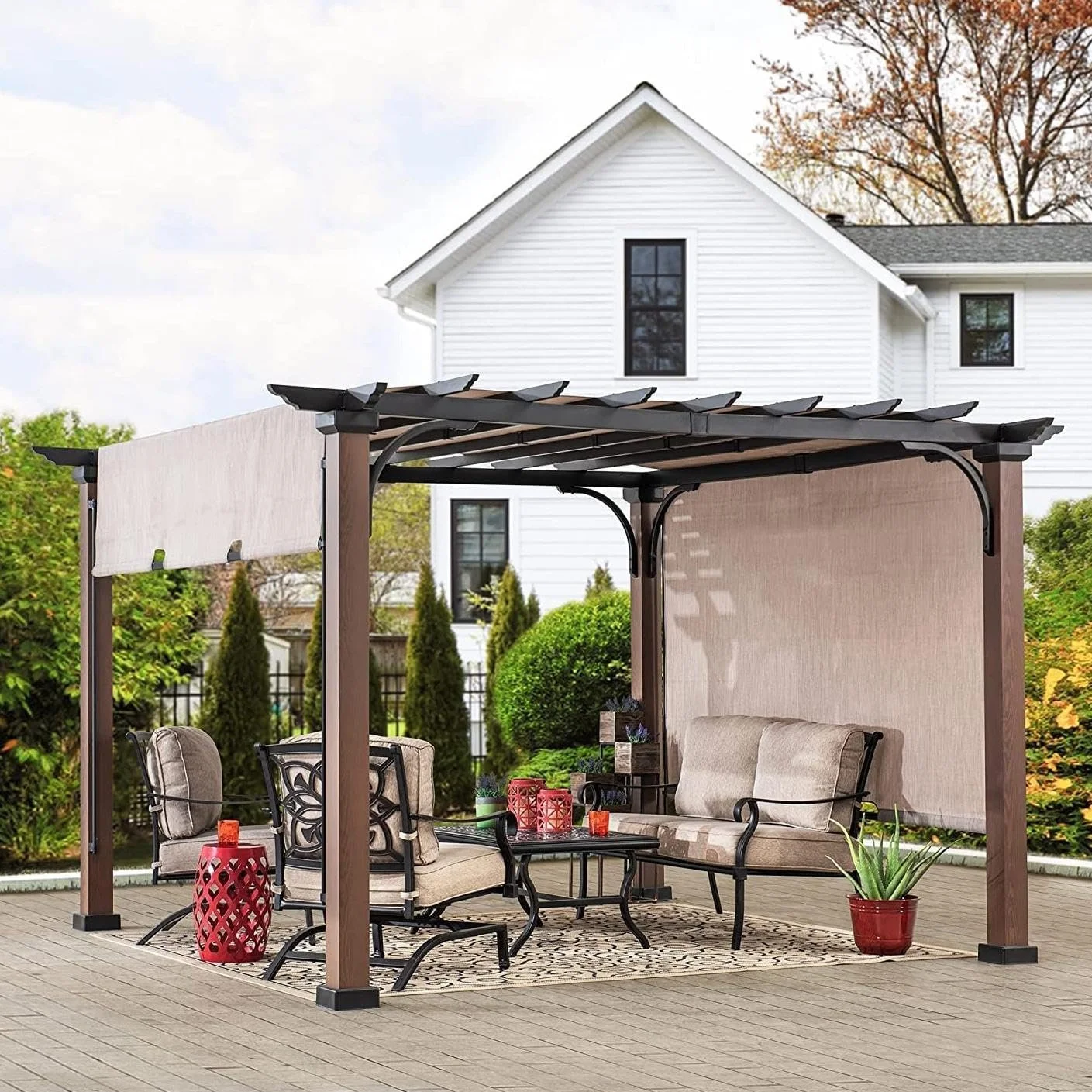 Sunjoy 11 x 11 ft Metal Pergola with Adjustable Tan Garden Shades - Image 1