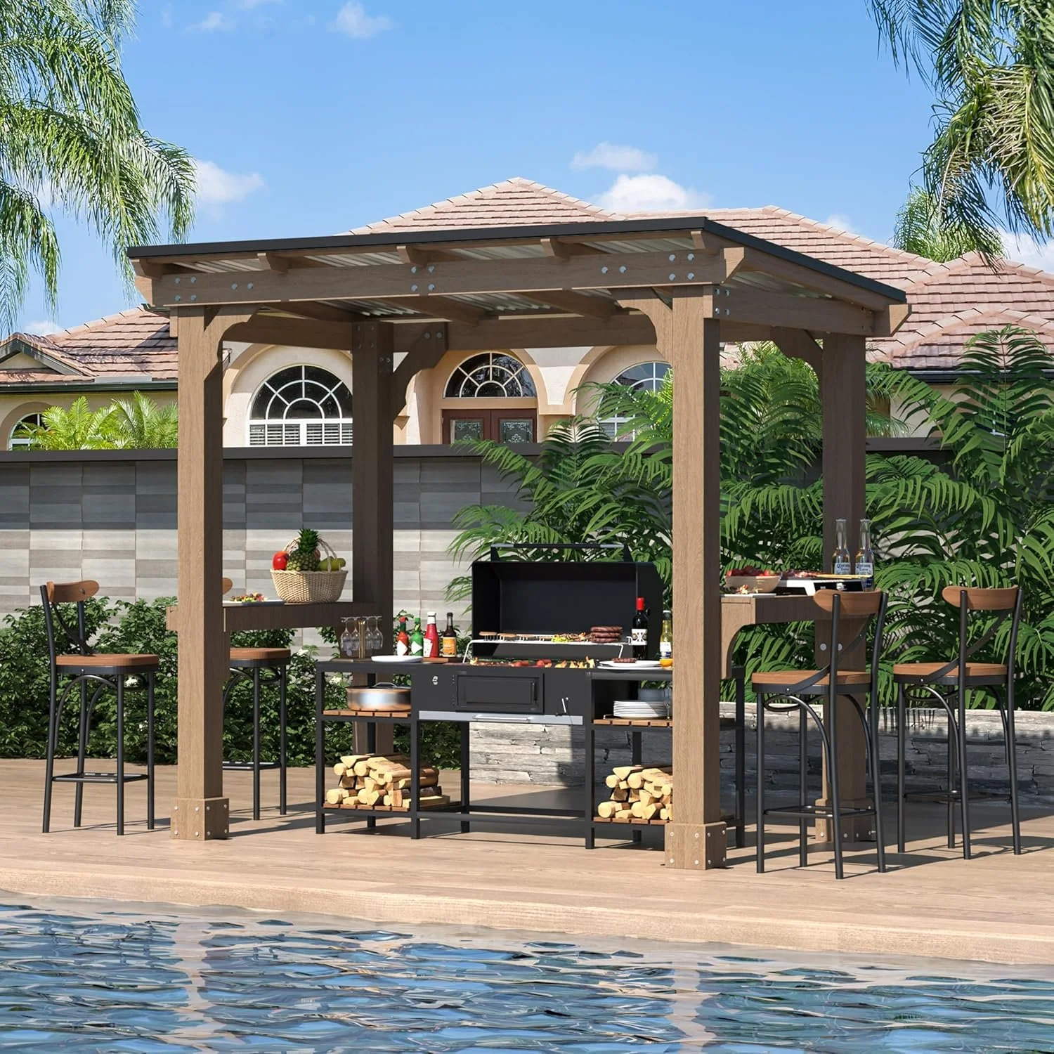Veikous D Wooden Grills Gazebo Outdoor with Steel Roof - Image 1
